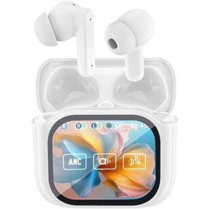 Wireless Touchscreen Earbuds with Smart Touch Screen Case - TWS True Wireless Bluetooth 5.4 Headphones - ANC Active Noise Cancelling - Blue Tooth Earphones for iPhone Android (White)
