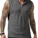 JMIERR Men's Quarter Zip Sleeveless Hoodie Ribbed Muscle Tank Top Gym Workout Vest (Gray, L)