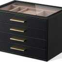 pickpiff Jewelry Box Organizer Case for Women: 4-Layer Jewelry Storage Case with Glass Window, Black Leather with Blush Velvet, Holder for Ring Necklace Bracelet Brooch Watch, Great Gift for Her