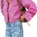 WDIRARA Women's Gingham Long Sleeve Blouse Tie Front Deep V Neck Summer Crop Tops Pink Large