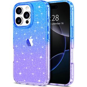 Hython for iPhone 16 Pro Case Glitter, Clear Glitter Sparkly Shiny Bling Sparkle Cute Cover, Anti-Scratch Soft TPU Slim Fit Shockproof Protective Phone Cases for Women Girls, Gradient Blue/Purple