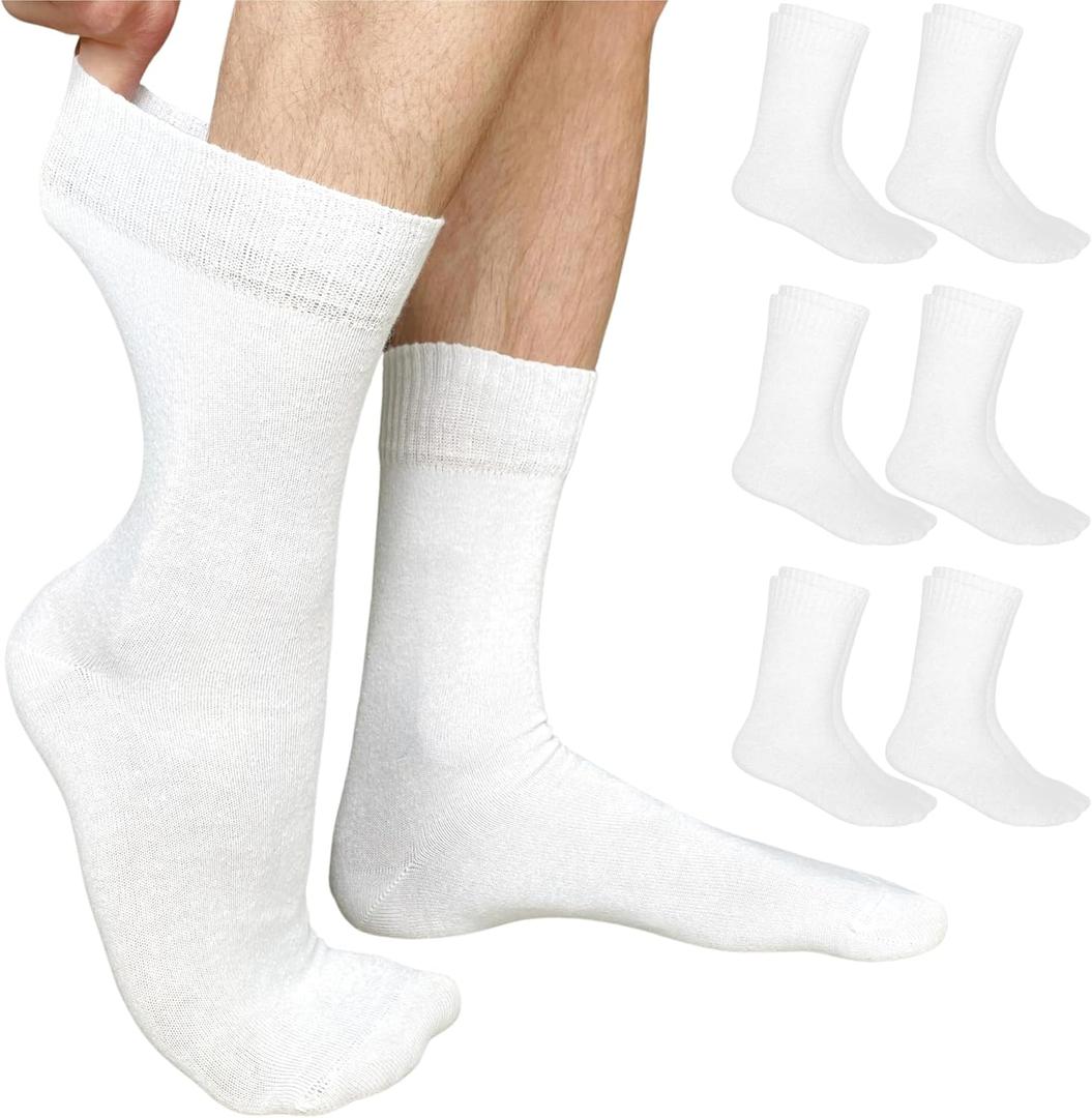 Cotton Diabetic Crew Socks - 6 Pairs Thin, White Diabetic Socks for Men XL Size 13-15 Non-Binding & Seamless