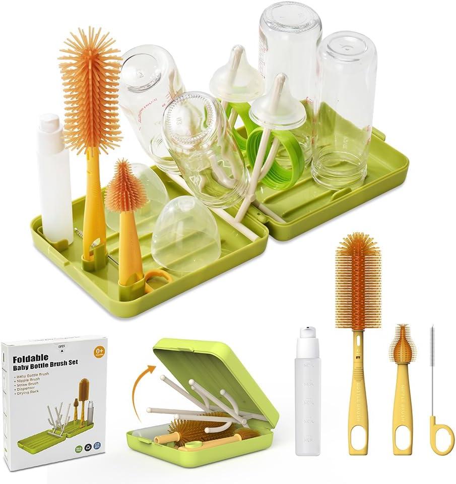 Travel Bottle Brush with Portable Bottle Drying Rack, Baby Bottle Brush for Baby Travel Essential, Green