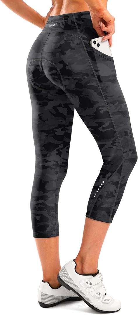 Women's 4D Padded Bike Pants High Waist Cycling Shorts Bicycle Capris 3/4 Biking Tights with Zipper Pockets (Camoblack)
