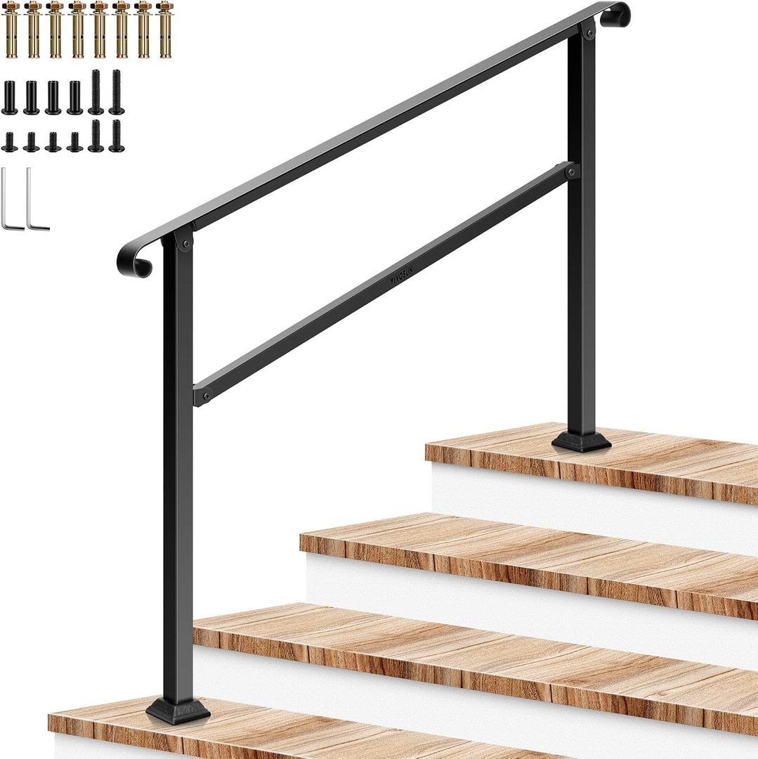 VIVOSUN Outdoor Handrail, 54" x 36" Fits 1-4 Steps, Wrought Iron Stair Railing with Curved Ends, One-Step Assembly, Black