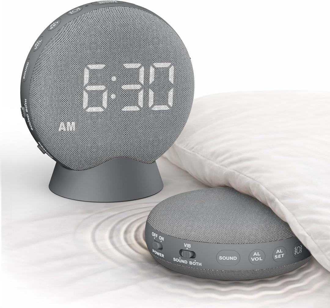 SolaceRise Super Loud Alarm Clock for Heavy Sleepers: Vibrating Digital Auto-Dim Clock with Bed Shaker for Hearing Impaired - Portable Rechargeable Battery for Bedroom Travel Dorm - Gray