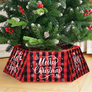 Christmas Tree Collar Buffalo Plaid, Christmas Tree Base Cover, Fabric Hexagon Tree Base Skirt with Six Patterns, Christmas Tree Base Bottom Stand Cover with 31In Diameter for Tree Decoration (Joy)