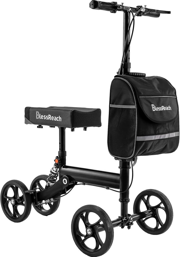 BlessReach Knee Scooter Steerable Knee Walker Deluxe Medical Scooter for Foot Injuries Adult Compact Crutches, Black