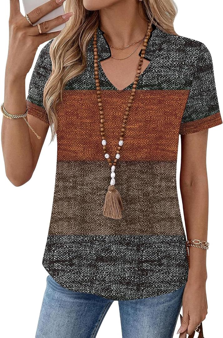 Kistore Womens Summer Tops Short Sleeve V Neck Casual Shirts Beach Vacation Dressy Work Blouses (Brown, XXL)