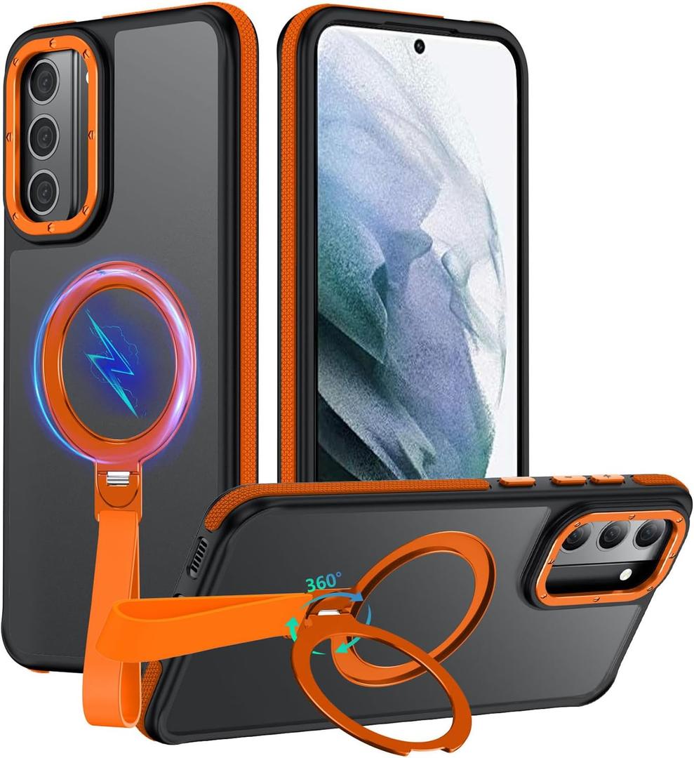 for Samsung Galaxy S21 Phone Case with 360°Spin Magnetic Stand-Finger Strap, [Fit for MagSafe][Mil-Grade Protection] Non-Slip Shockproof Ring Holder Matte for S21 5G Case 6.2" (Orange)