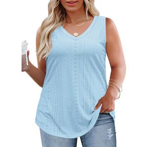 ROSRISS Plus-Size-Tank-Tops for Women Summer Sleeveless Loose Fit Trendy Basic Shirts Casual V Neck Tunics Eyelet Tees 3XL