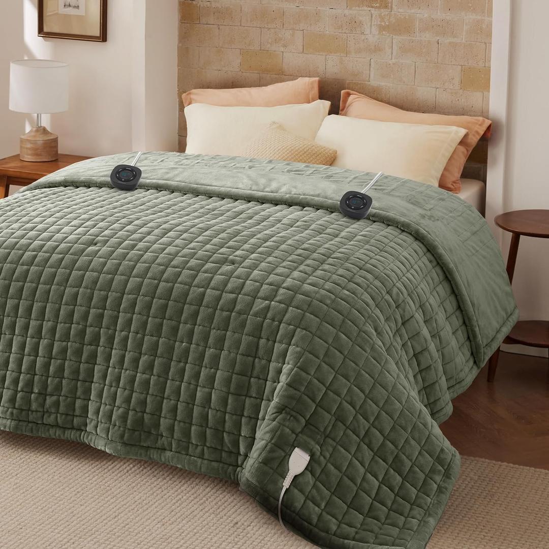 Bedsure Electric Blanket Queen Size - Dual Control Heated Weighted Blanket Queen with 10 Heat Settings, Fast Heating with 10 Time Settings (84x90 inches, Olive Green)