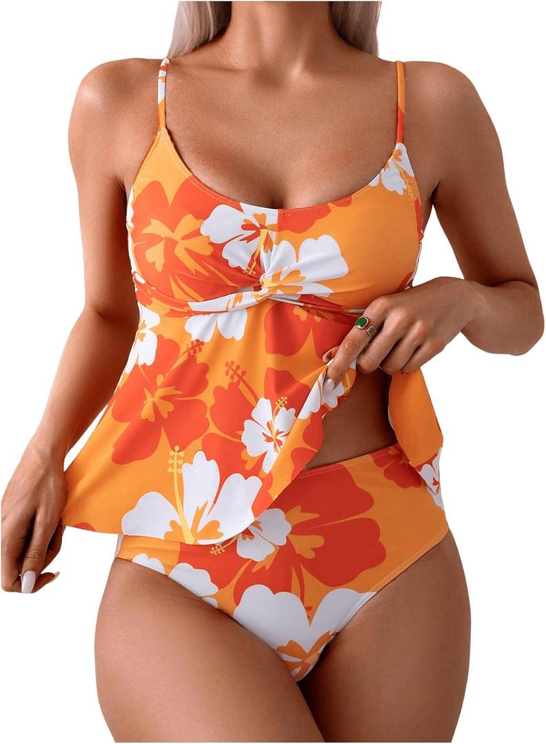 SweatyRocks Women's Floral Print Twist High Waisted Tankini Swimsuit 2 Piece Bathing Suit (Orange, XL)