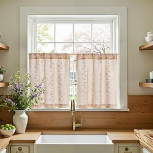 jinchan Katy Linen Floral Kitchen Curtains 24 Inches Length Stripe Cafe Curtains Farmhouse Cottagecore Tier Small Window Drapes for Living Room Light Filtering Rod Pocket 2 Panels Terracotta on Linen