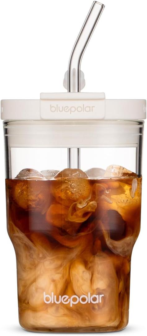 16oz/480ml Iced Coffee Cups With Lids And Straws,Reusable Leakproof Glass Tumbler,Water Bottles,Cold Brew,Drinking Jars For Juicing,Matcha,Tea,Smoothie For Travel,Office (Off-White)