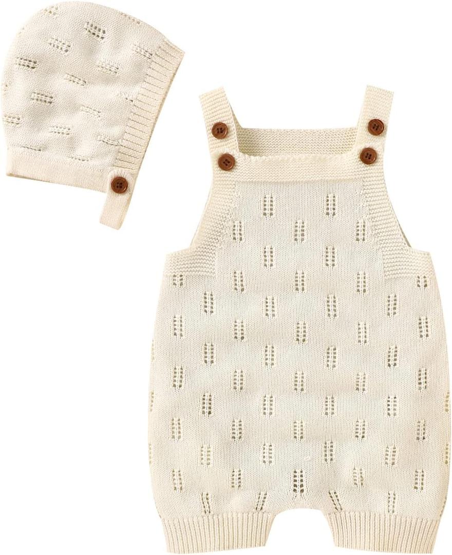 LAWKUL Baby Knit Romper Sleeveless 100% Cotton Jumpsuit with Hat Newborn Outfits Overall Bodysuit One Piece 2pcs (6-12Months, Cream1)