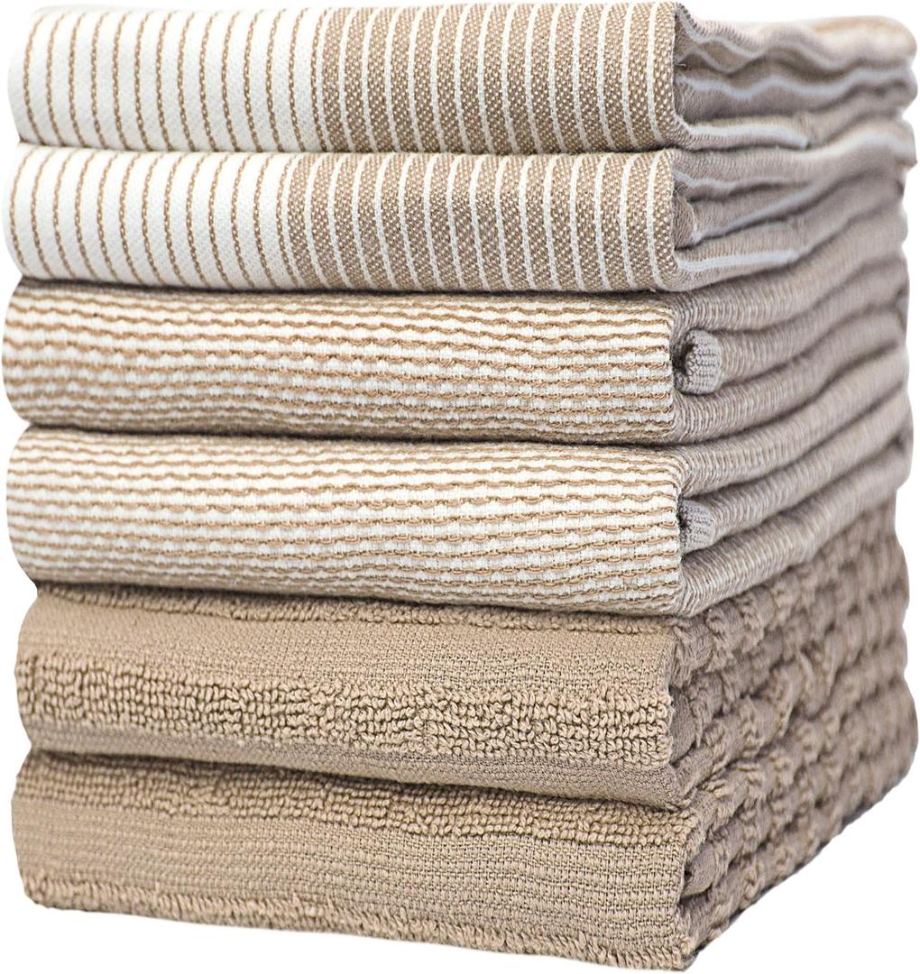 Premium Kitchen Towels (20x 28, 6 Pack) | Large Cotton Kitchen Hand Towels | Flat & Terry Dish Towel | Highly Absorbent Tea Towels Set with Hanging Loop | Tan