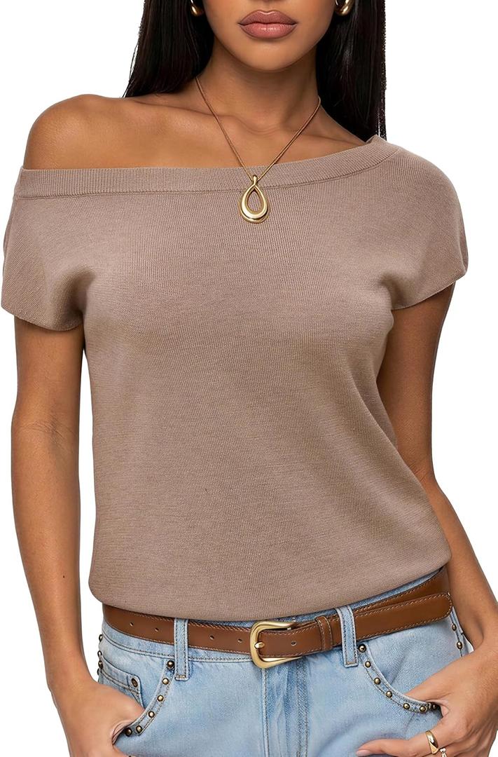 SUUKSESS Women Silk Cashmere Blend Off The Shoulder Tops Summer Lightweight Knit Trendy Sweaters Loose Fit Shirts (Small, 05 Khaki)