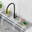 PoYang 24 inch Faucet Mat for Kitchen Sink Splash Guard, 7° Slope Silicone Sink Water Splash Guard for Kitchen Sink Area with Snap, Longer Sink Protectors for kitchen Sink Sponge Holder, Light Grey