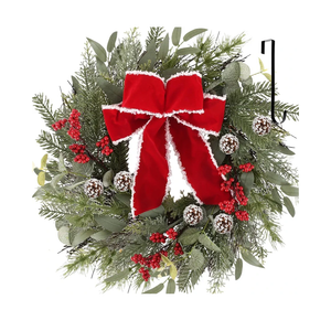 24 Inch Christmas Wreath Decorations, Christmas Wreaths for Front Door with Red Bowknot and Hook, Christmas Door Wreath with Berries for Indoor Outdoor Fireplace Wall Window Christmas Decor