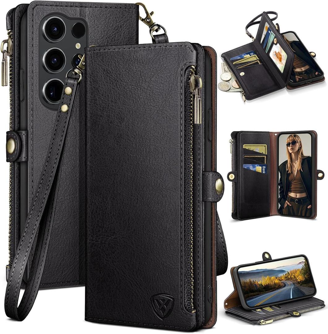 XcaseBar Compatible with Samsung Galaxy S25 Ultra Wallet case with Zipper Credit Card HolderRFID Blocking,Flip Folio Book PU Phone case Shockproof Cover Men Women for Samsung S25 Ultra case Black