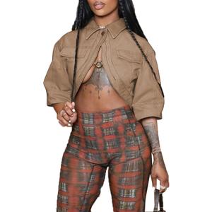 Jackets for Women Casual Short Sleeve Sexy Cropped Denim Jacket Cut Out Button Down Top Clubwear (Khaki), X-Large