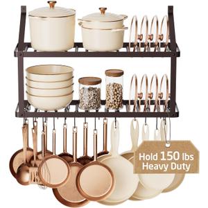 KES 150 lb High-Capacity Oil Rubbed Bronze Pot Rack Wall Mounted with Pot Lid Holder, 34 Inch Heavy-Duty Pots and Pans Hanging Rack with 20 Hooks, Drilling Template Provided for Easy Install