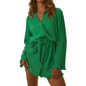 Women Shirt Dresses Long Sleeve Pleated Mini Dress Casual Button Down Tunic Tops with Belt Vintage Streetwear (Large)