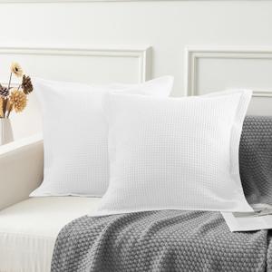 Premium Waffle Weave Euro Pillow Shams Set of 2 White 100% Organic Cotton White Waffle Weave Pillow Shams with Envelope Closure, Ultra Soft, Cozy & Decorative Pillow Cover, 24 x 24 inch