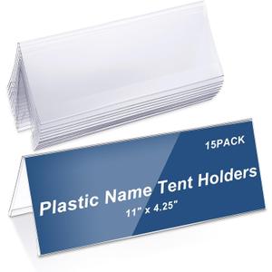 Vicenpal 15 Pieces Clear Plastic Name Tent Holders 11" x 4.25" Acrylic Name Plate for Desk PVC Card Tent Holder Desk Sign Frame for Table Office Business Conference Meeting Room School Display Stand