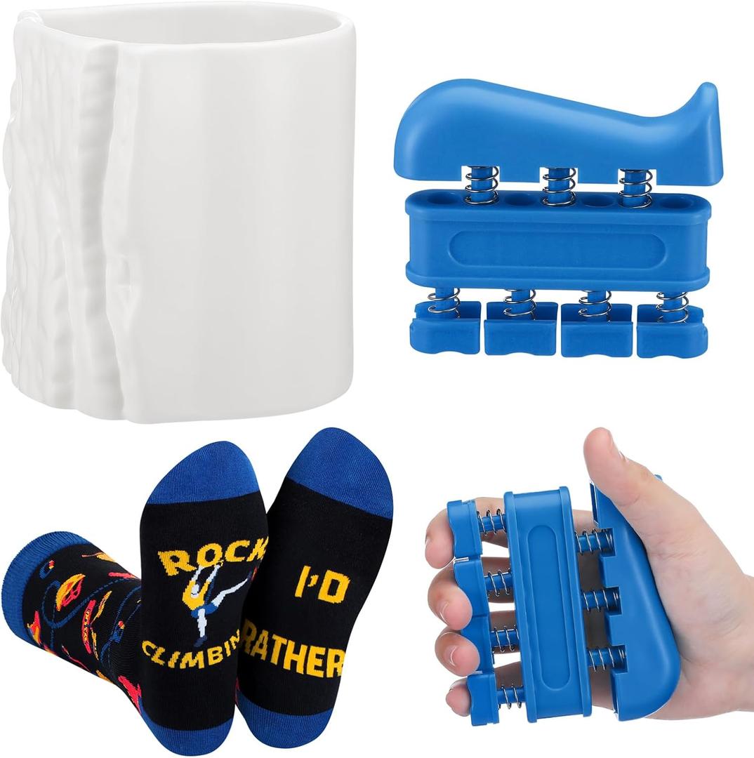 Potchen 3 Pcs Rock Climber Gift Set Include 1 White Ceramic Climbing Cup 1 Socks 1 Finger Strengthener Rock Climbing Party or Bouldering Contest Gifts for Climbers