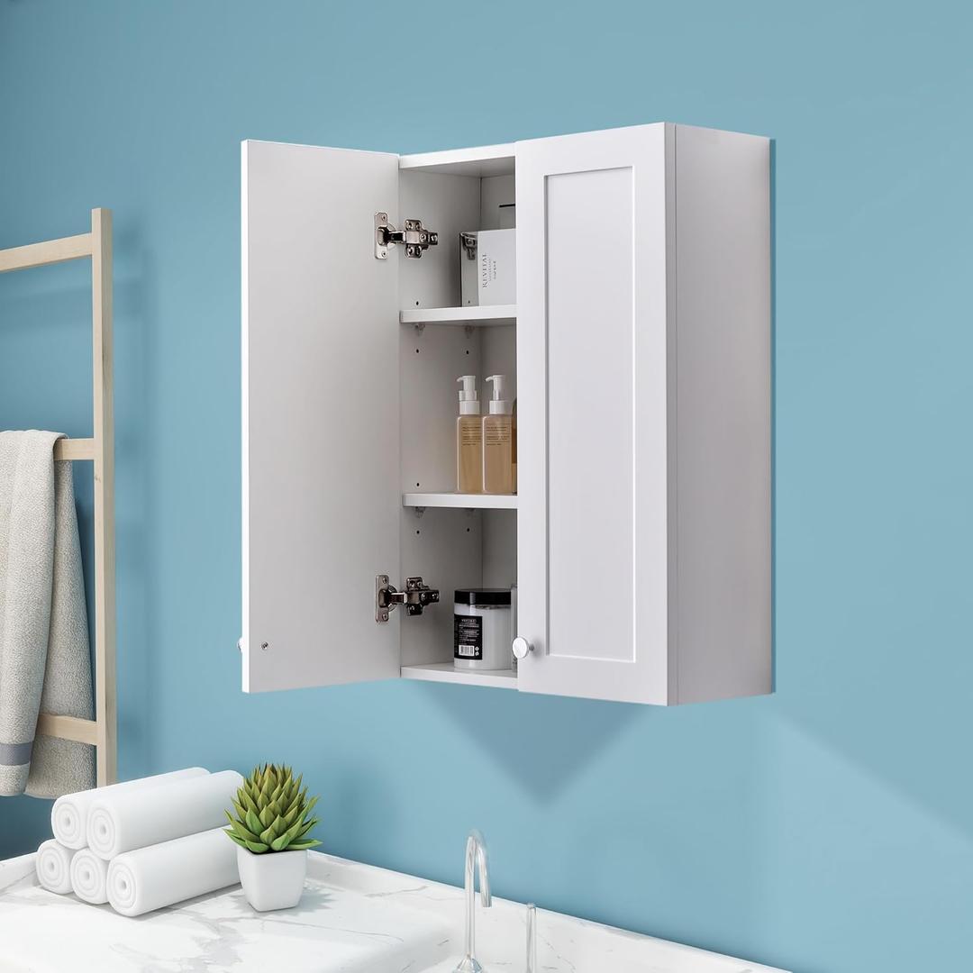White Wall Mount Cabinet, MDF Over The Toilet Storage Cabinet with Adjustable Shelves, Space Saver 2 Door Medicine Cabinet for Bathroom Laundry Kitchen, 19x 27in, No Paint Odor (19x27)