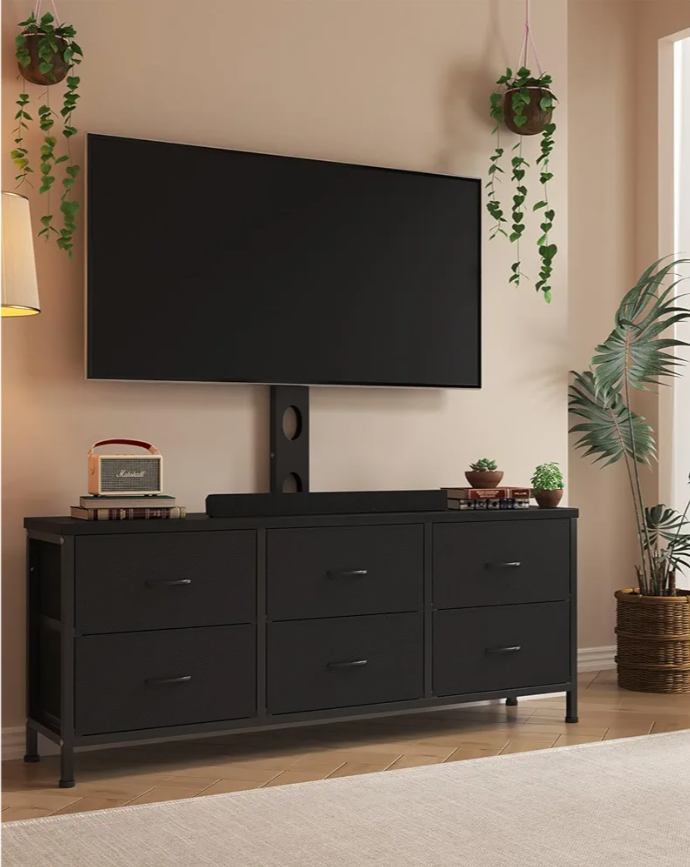 TV Stand with Mount, Fabric Dresser with 6 Drawers for 32/45/55/60/65/75 inch TVs, Black Dresser Entertainment Center, Modern Media TV Console Table