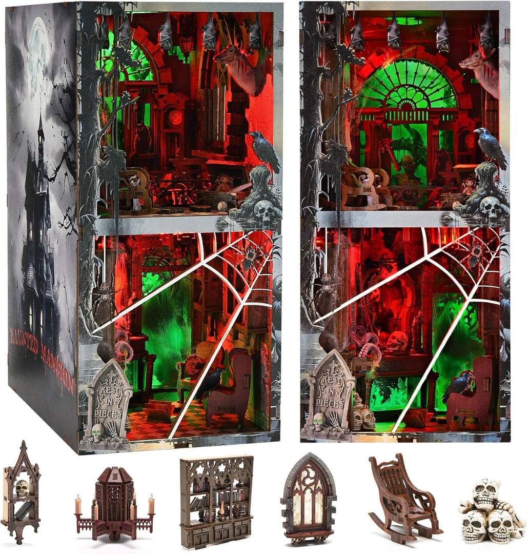 fifijoy Haunted Horror Book Nook Kit, DIY Miniature Dollhouse Halloween Booknook Kit, Spooky Creepy Scary 3D Wooden Puzzle Bookend Bookshelf Insert Decor with LED Light (Haunted Mansion)