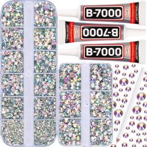 7500Pcs AB Crystal Iridescent Rhinestones Flatback with b7000 Gem Glue for Crafts Clothes Clothing Crafting, Stones Flat Back Rhinestones for Fabric Shoes Tumblers Shirt, AB Diamonds 2/3/4/5mm Mix