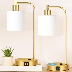 Set of 2 Industrial Touch Control Table Lamps with 2 USB Ports and AC Outlet - 3-Way Dimmable Gold Bedside Lamps Nightstand Desk Lamps for Bedroom Living Room, Opal Glass Shade & 2 LED Bulbs Included