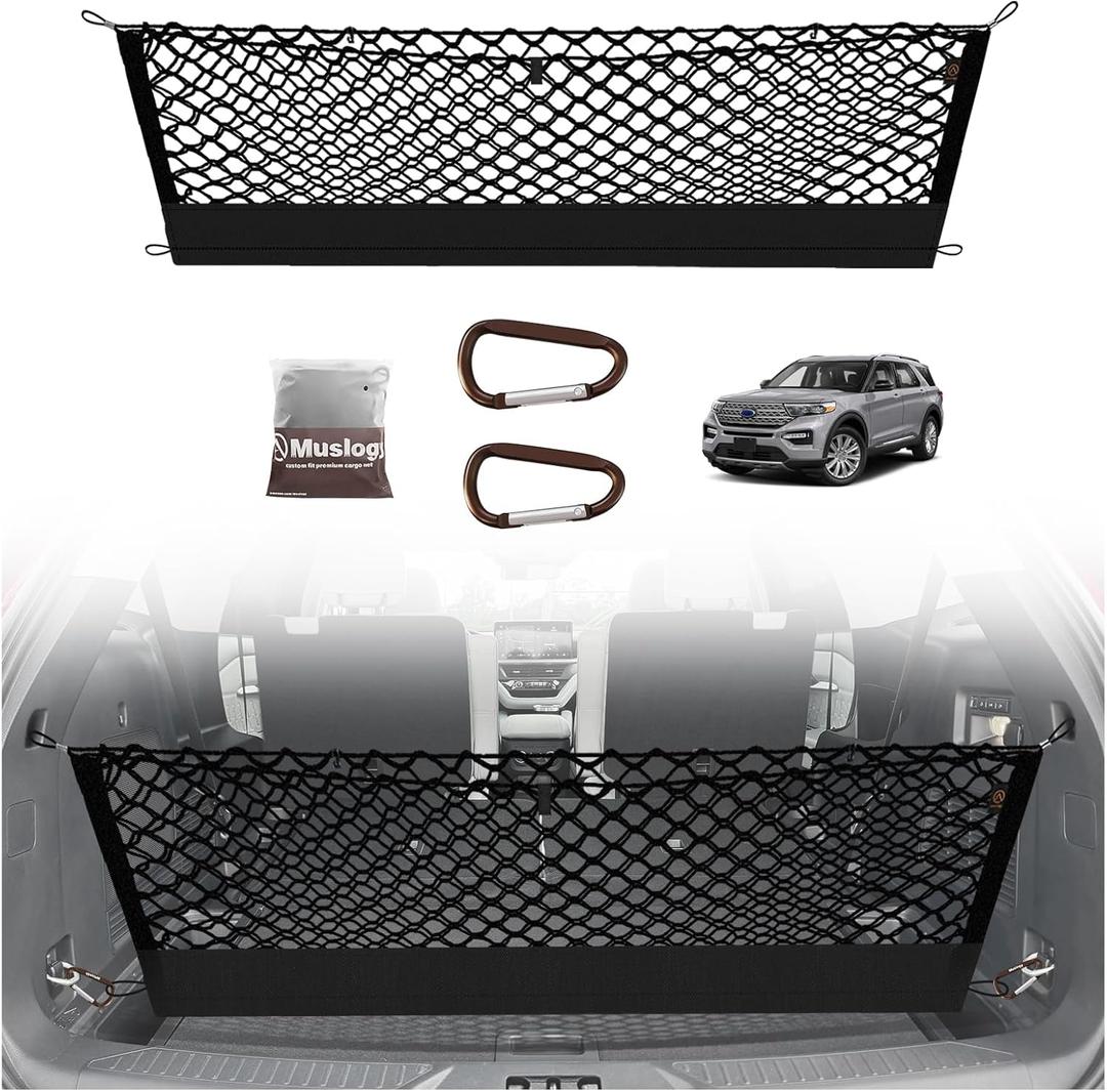 Muslogy Envelope Style Trunk Cargo Net Compatible with 2020-2024 2025 2026 Ford Explorer Accessories Custom Fit Trunk Organizer Upgraded Mesh Storage Luggage Net with Metal Hooks