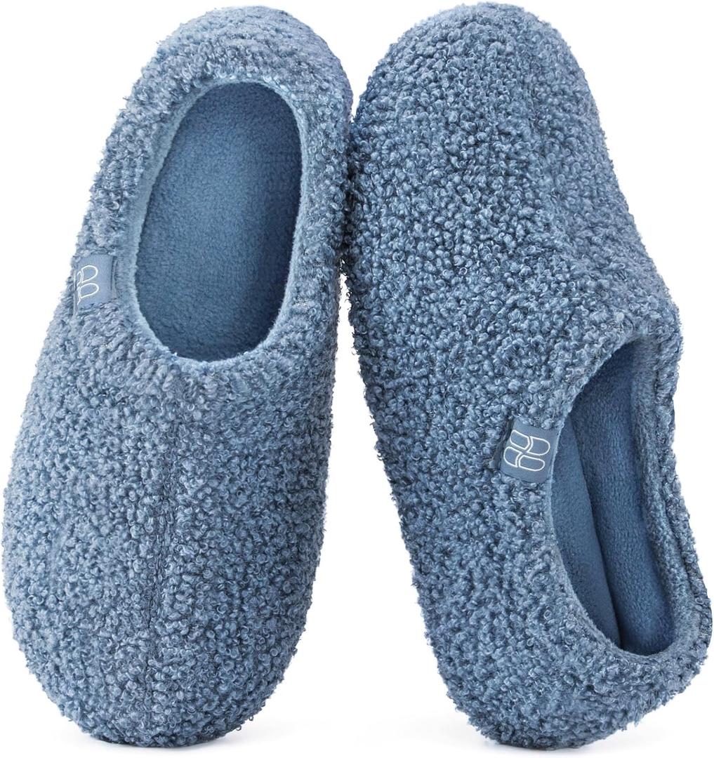 HomeTop Women's Fuzzy Curly Fur Memory Foam Loafer Slippers with Polar Fleece Lining (8.5, Cerulean)