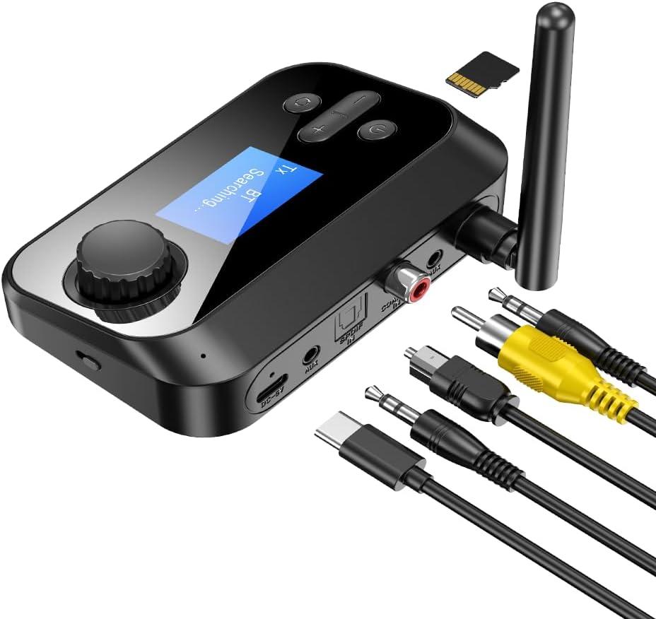 eppfun Bluetooth Transmitter for TV, Audio Adapter Receiver for Home Stereo with Volume Control ON/Off Switch LCD Display 3.5mm Aux/Optical/Coaxial/TFCard