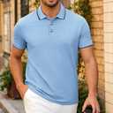 Men's Golf Polo Shirts Short Sleeve Striped Casual Polo Shirts for Men Dry Fit Tennis T-Shirt Tops (Blue, L)