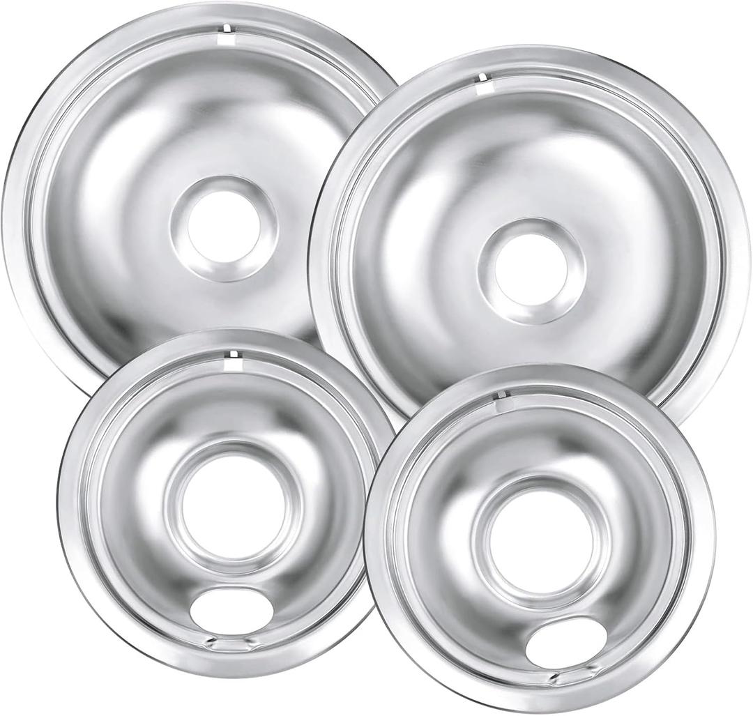 Drip Pan Burner Stove Top Chrome Drip Pan, Stove Drip Pans Replacement Compatible for Most Plug-in Electric Ranges Whirlpool Frigidaire Kenmore include 2 * 6in and 2 * 8in