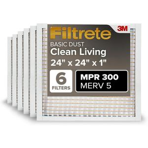 Filtrete 24x24x1 AC Furnace Air Filter, MERV 5, MPR 300, Capture Unwanted Particles, 3-Month Pleated 1-Inch Electrostatic Air Cleaning Filter, 6-Pack (Actual Size23.81x23.81x0.66 in) (24 x 24 x 1)