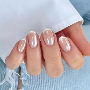 French Tip Press On Nails Short Round Oval No Glue, Nude White Tips, Chrome Glazed Short Round Oval Fake False Press on Nails, Reusable Soft Stick on nail Press ons with Nail Kit, Salon-quality