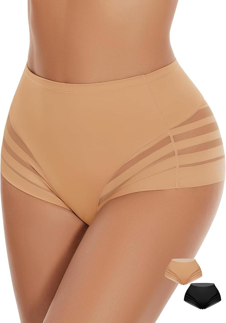WOWENY 2 Pack Seamless High Waist Underwear Tummy Control Shapewear Stripe Lace Compression Panties Butt Lifter (X-Large, New-black&beige)