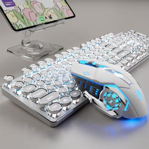 TK950 Wireless Typewriter Keyboard and Mouse Combo, 104 Keys Retro Typewriter Mechanical Keyboard with White Backlit, Anti-Ghosting, Blue Switch, Bluetooth/2.4G/Wired Cute Gaming Keyboards-White
