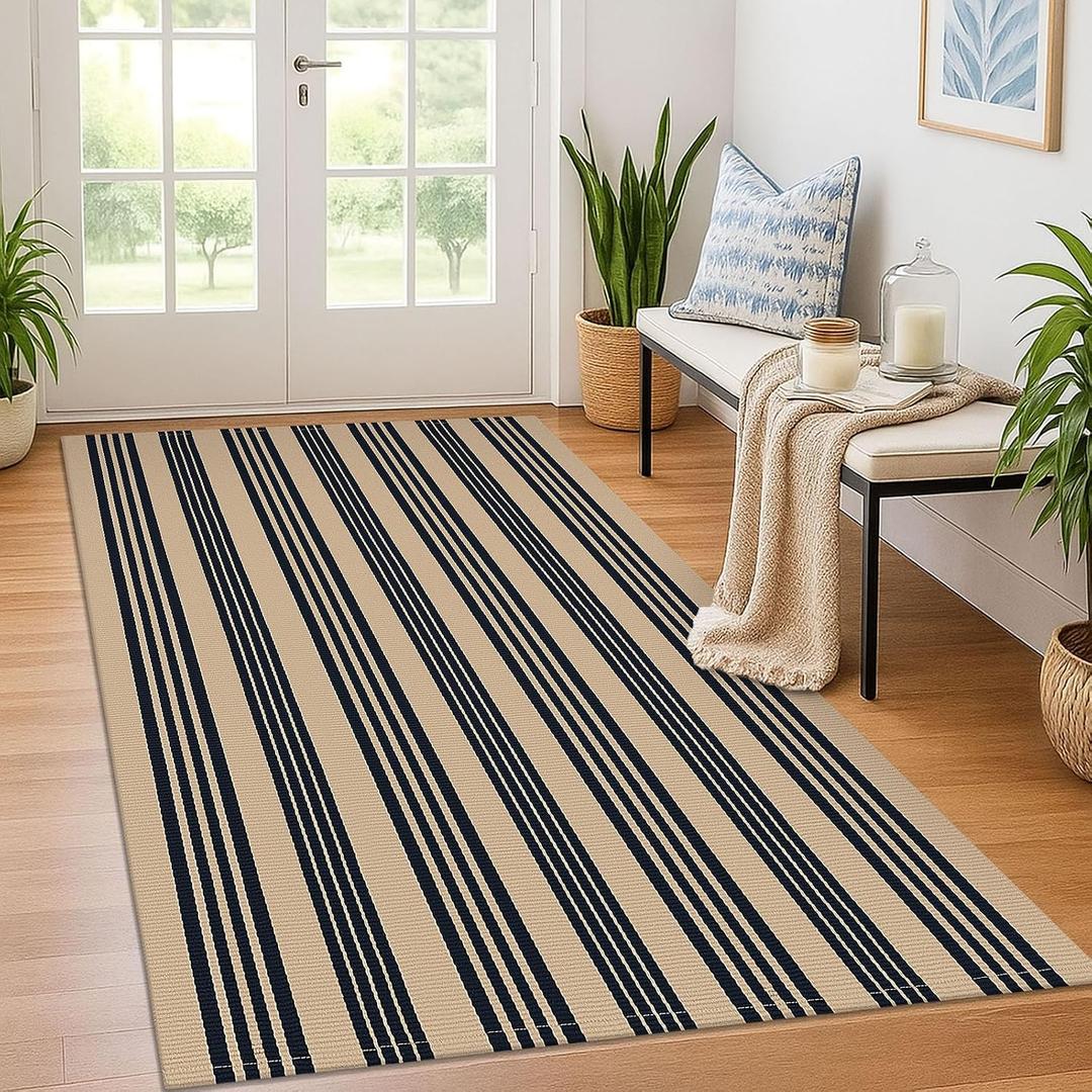 KOZYFLY Striped Front Door Mat 4x6 Ft Brown and Black Front Door Rug Cotton Washable Indoor Outdoor Rug Large Doormats Outdoor Striped Area Rugs for Kitchen Entryway Front Porch