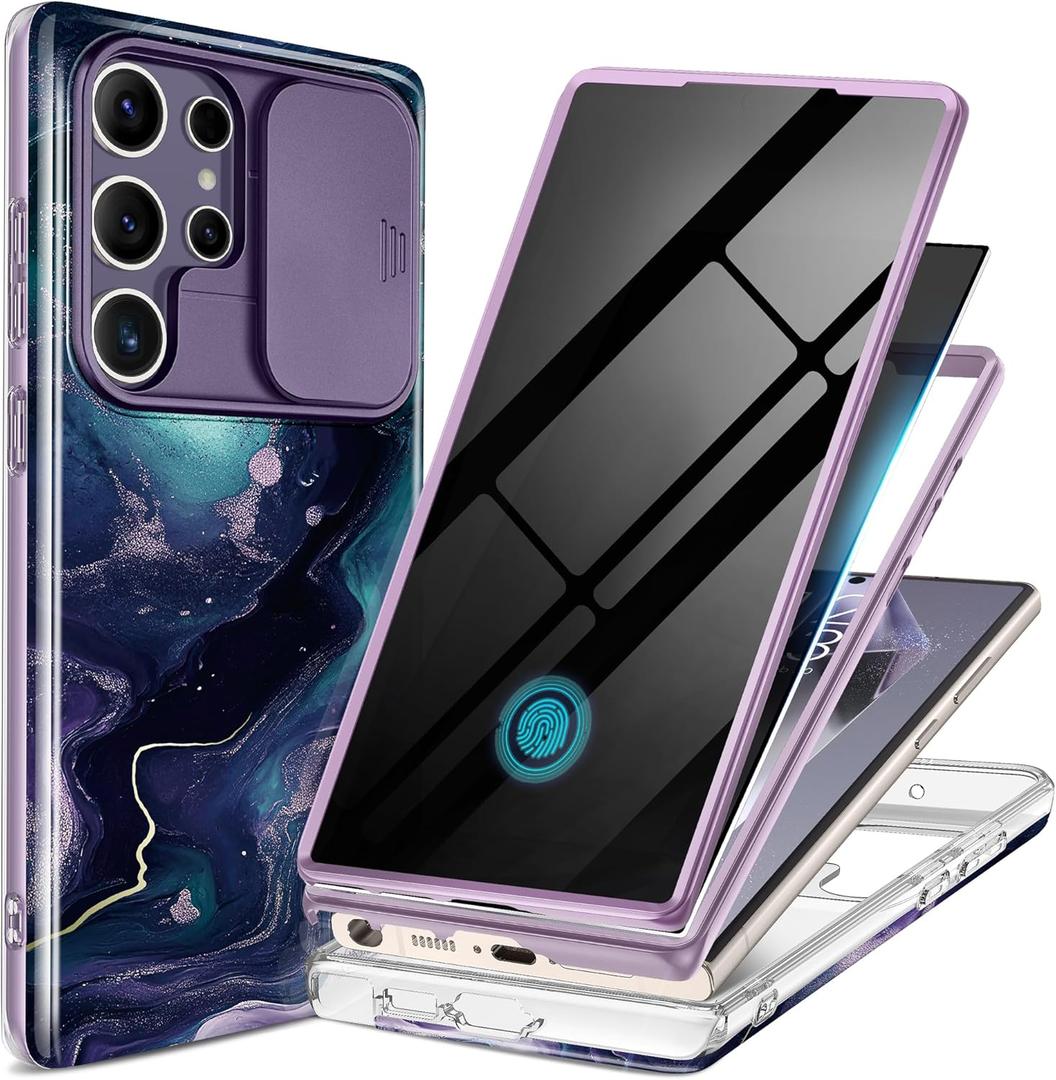 GVIEWIN for Samsung Galaxy S24 Ultra Case, [Slide Camera Cover & Built-in Privacy Screen Protector] [2 Front Frame] Military Grade Shockproof Marble Phone Case for S24 Ultra (Floating Cloud/Purple)