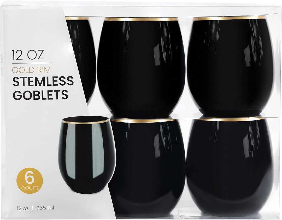 PLASTICPRO 6 Pack Black With Gold Rim Plastic Wine Glasses Stemless Disposable 12 oz BPA Free Shatterproof Plastic Wine Cups Wine Glasses for Parties