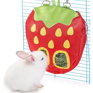JanYoo Rabbit Hay Feeder Bag for Cage Guinea Pig Timothy Hay Dispenser Storage Manger Hanging Large Less Waste for Bunny (A-Strawberry)