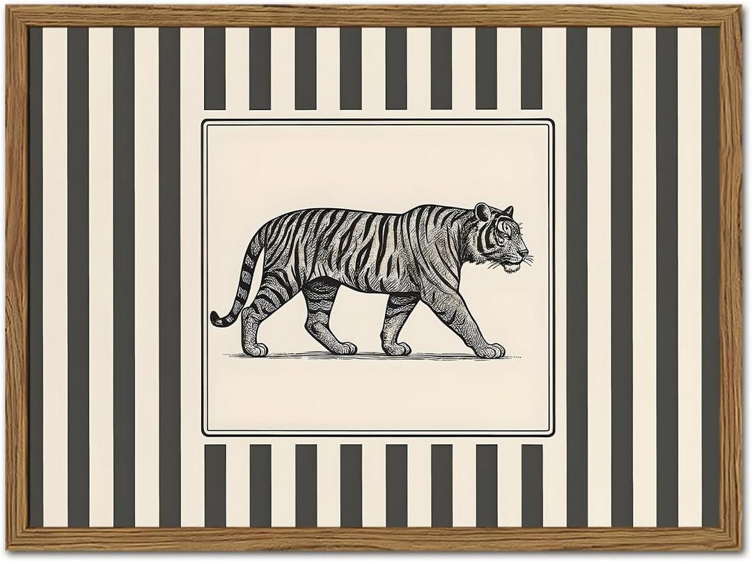 Vintage Tiger Wall Art Wildlife Wall Decor Pictures Black and White Stripe Jungle Animal Poster Canvas Painting Print for Bedroom Living Room Bathroom 12x16 inch Wood Framed